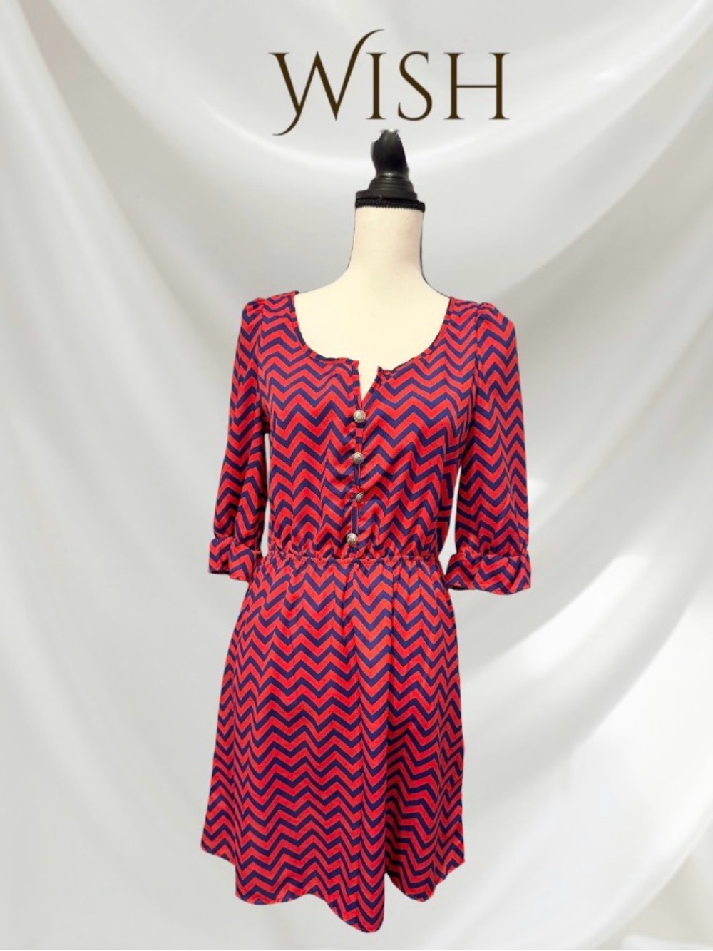 WISH Boutique red blue chevron 3/4 sleeve dress womenβs size medium